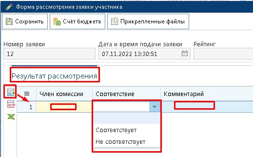 Заполнение результата рассмотрения